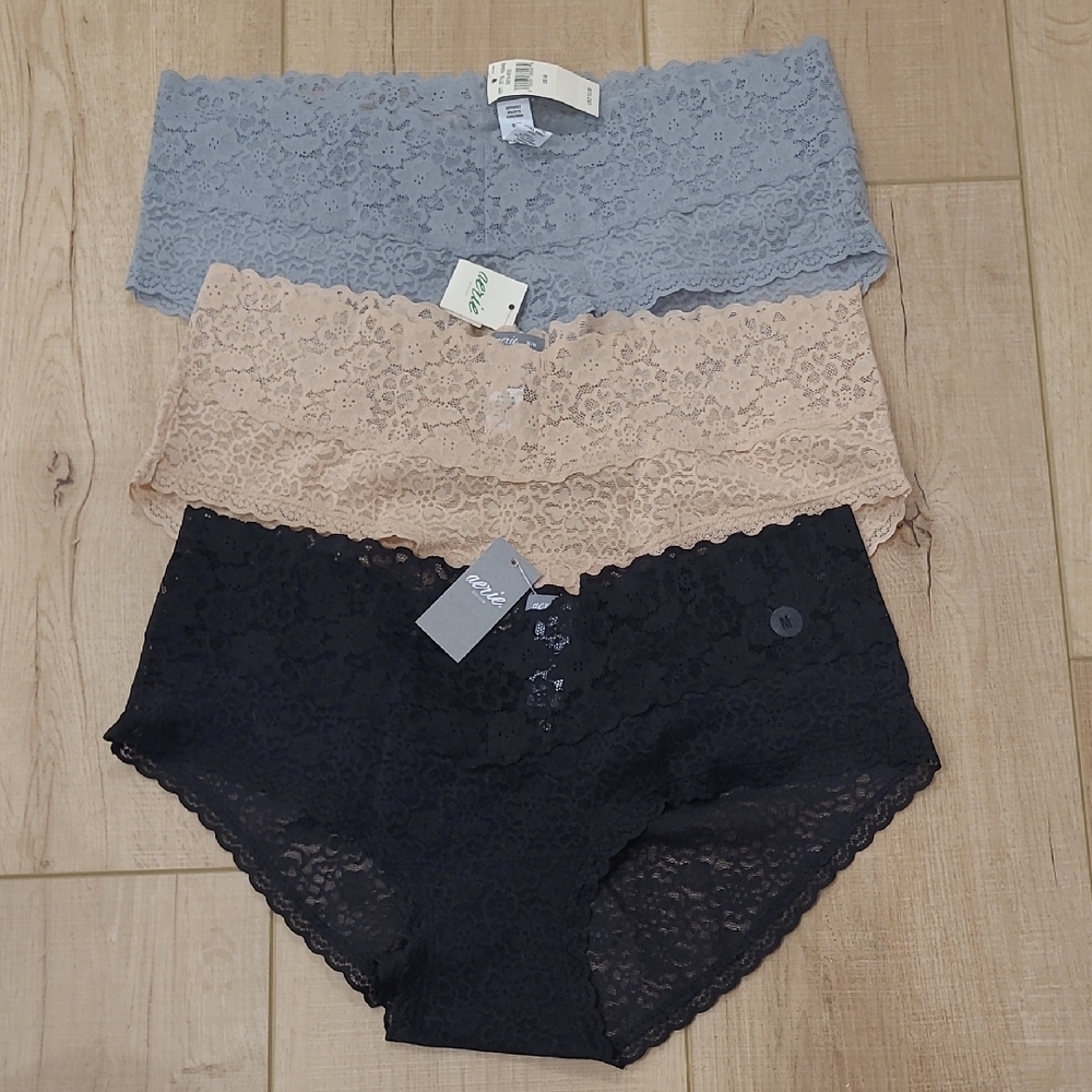 Aerie Boybrief Lace Panty Trio in Gray, Beige, and Black Medium New With Tags